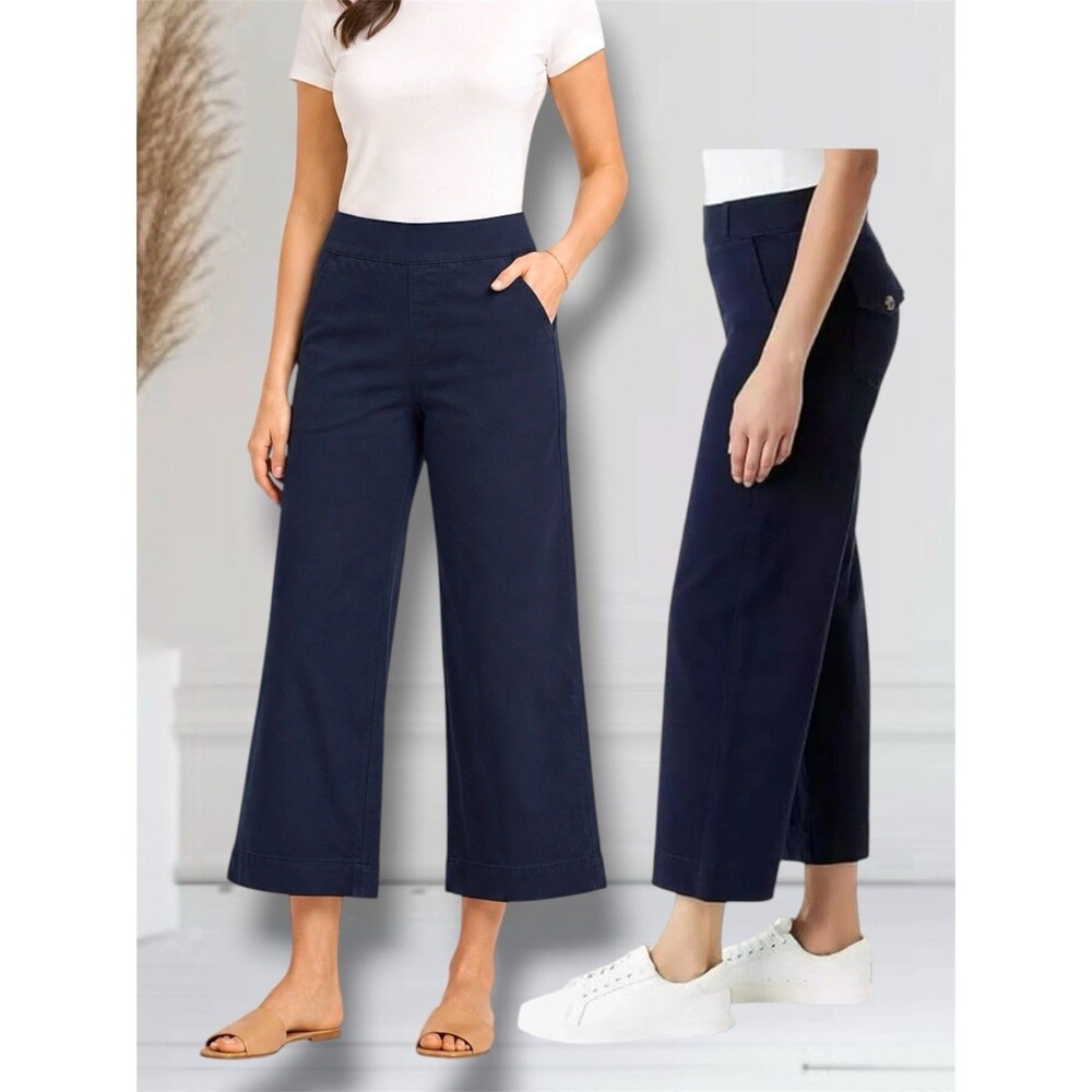 Gloria Vanderbilt Women's Sz 8 Wide Leg Pull on Crop Pants Smoothing Tummy Panel